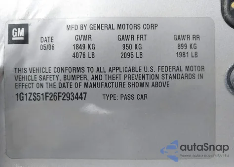 2006 Chevrolet Malibu Ls из США, поврежденный, VIN 1G1ZS51F26F293447